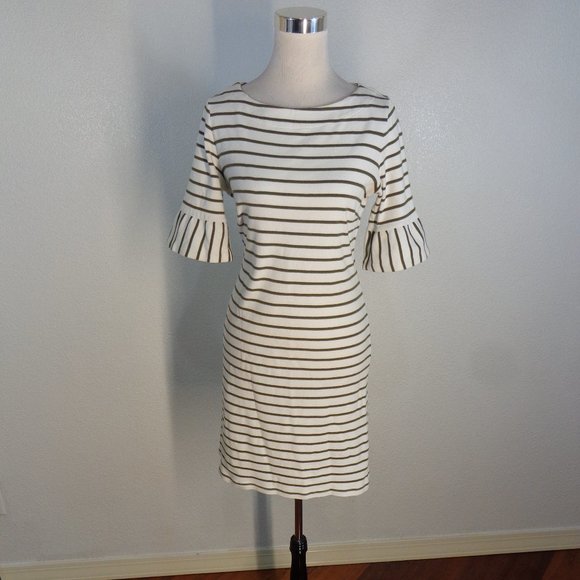 Talbots Womens Olive Green White Striped Jersey Knit Shift Dress Sz M - Picture 3 of 6